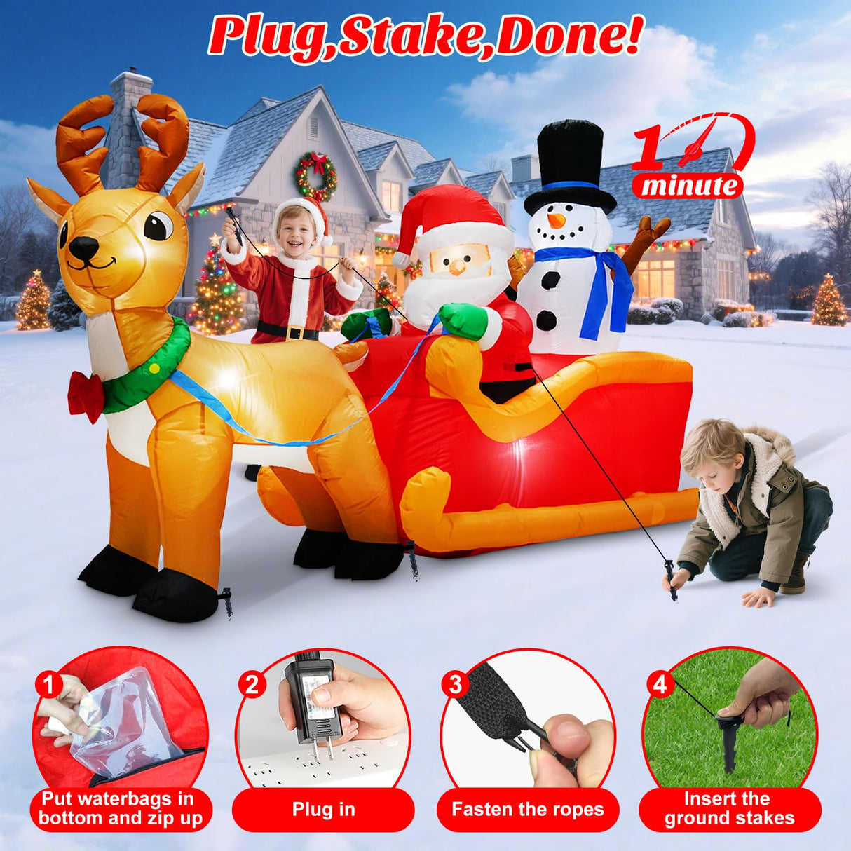 MICOCAH 6.6FT Long Christmas Inflatables Santa Claus on Sleigh with Snowman & Reindeer Outdoor Decorations, Giant Xmas Blow Up Yard Decor Build in LEDs & Tethers Stakes for Holiday Indoor Patio Lawn MICOCAH