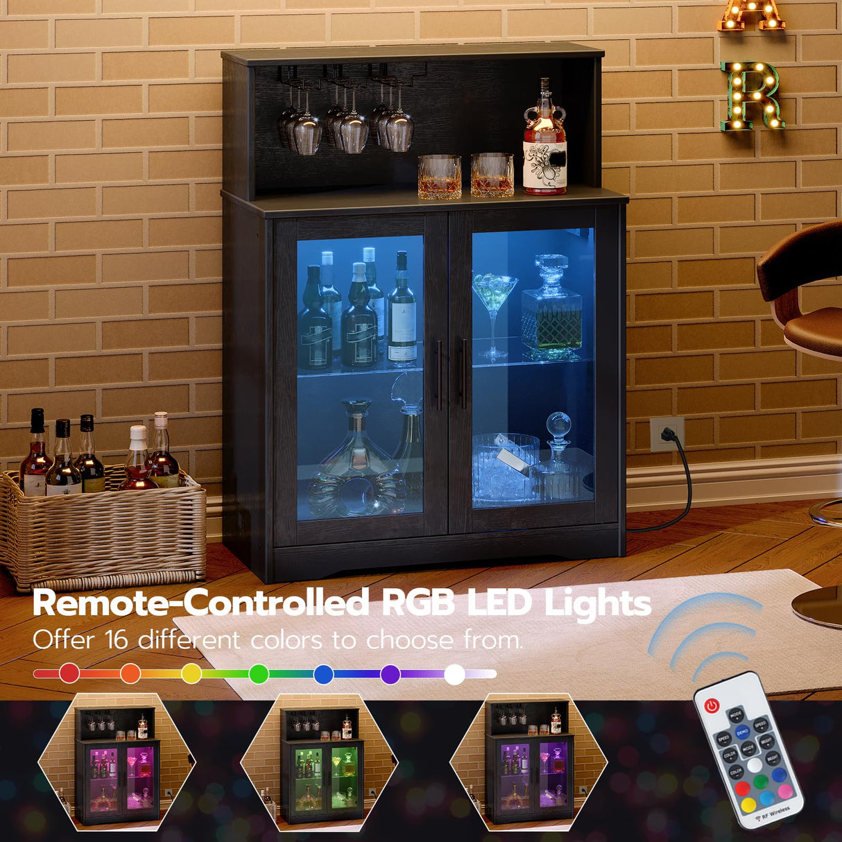 HOOBRO Wine Bar Cabinet with Storage, LED Liquor Cabinet with Power Outlets, Coffee Bar Cabinet for Liquor and Glasses, Glass Cabinet Doors, for Bar, Dining Room, Kitchen, Black BK78UDJG01 HOOBRO