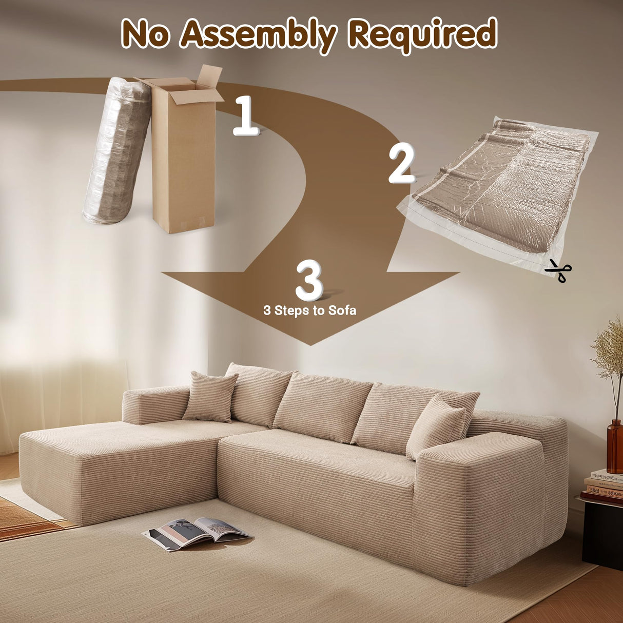 ovios 104" Cloud Sectional Couch with L-Shape Chaise,Modern Modular Sofa with Deep Seat, Upholstered Couches for Living Room Bedroom,No Assembly Required, Camel (Corduroy Fabric) ovios