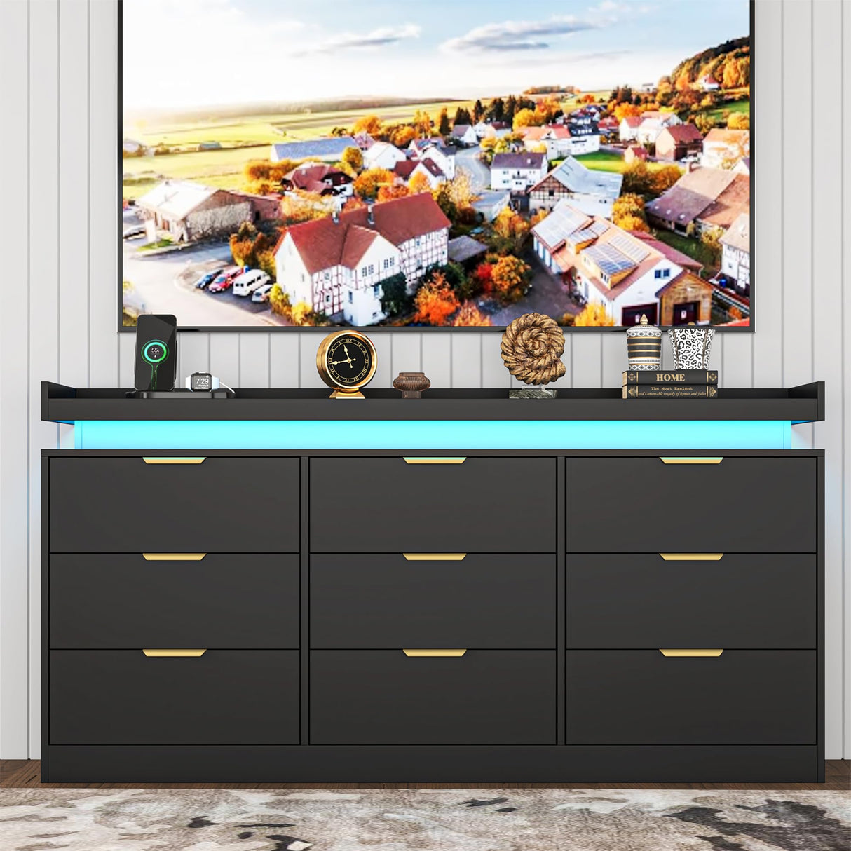 9 Drawer Dressers for Bedroom, Black Dresser with LED Lights and Power Outlet, Large Dresser Wooden Long Dresser, Double Wide Drawer Triple Dresser for Bedroom, Living Room, Entryway, Hallway knoworld