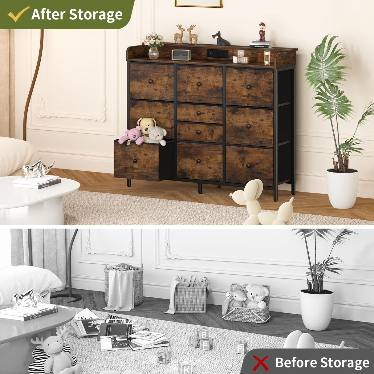 Yoobure Dresser for Bedroom with Charging Station and LED Lights, Tall Dresser TV Stand with 10 Storage Drawers,Fabric Dressers & Chests of Drawers,Wood Dresser for Bedroom Closet Organizer,Brown Yoobure