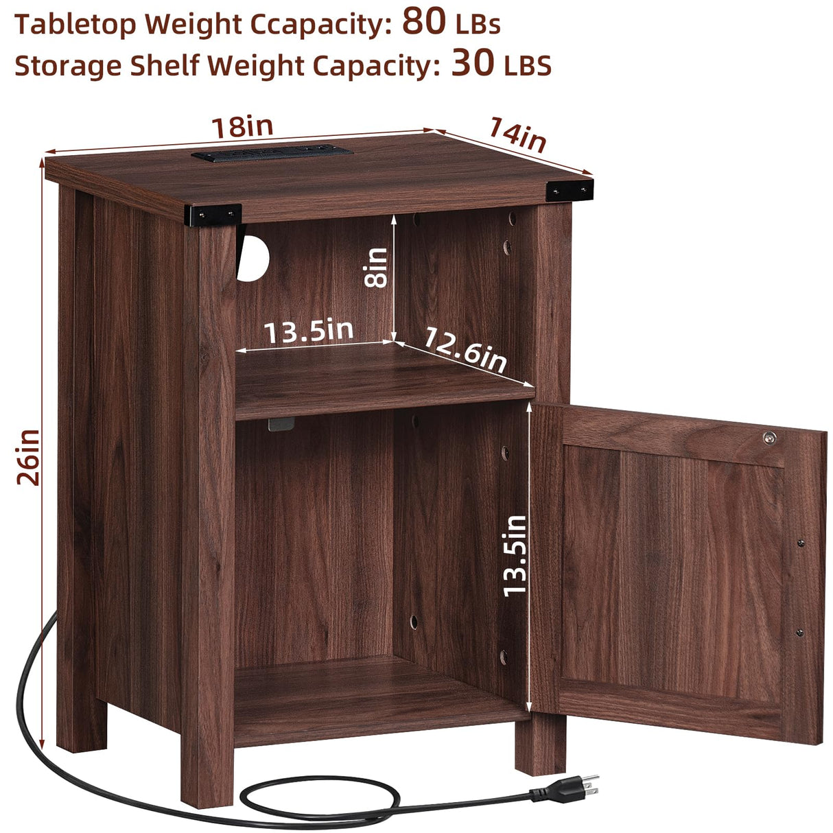 Joaxswe Night Stand Set of 2, 18 Inch Farmhouse Nightstand with with Charging Station and USB Port, Rustic Wood Bedside Table with Magnetic Door, Bed Side Tables for Bedroom, Brown Walnut Joaxswe