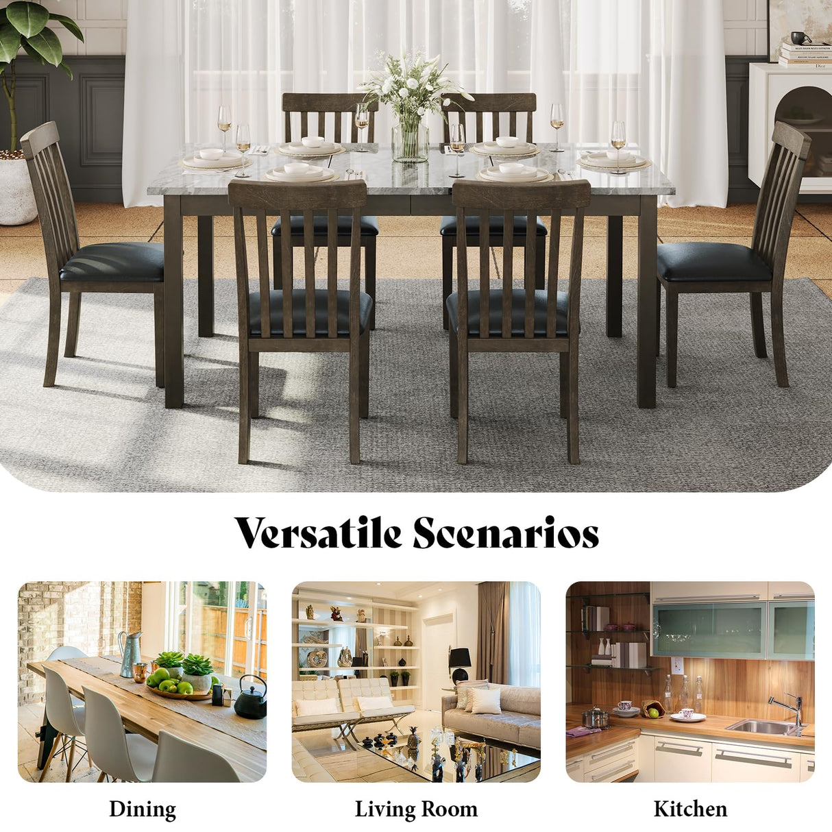 AMERLIFE 7-Piece Dining Table Set for 6, Faux Marble Modern Dining Table Set with 6 Upholstered PU Leather Chairs, 71'' Solid Wood Structure Table & Chair Set for Kitchen, Dining Room, Marble & Brown AMERLIFE