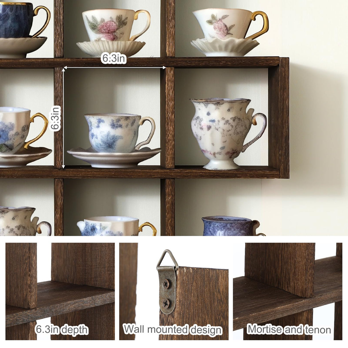 Suzile Oversize Tea Cup and Saucer Display Rack Rustic Brown Wooden Display Shelves Rustic Wooden Floating Curio Shelf Travel Wall Mounted Tea Cup and Saucer Rack Holder Shadow Box Shelf Suzile