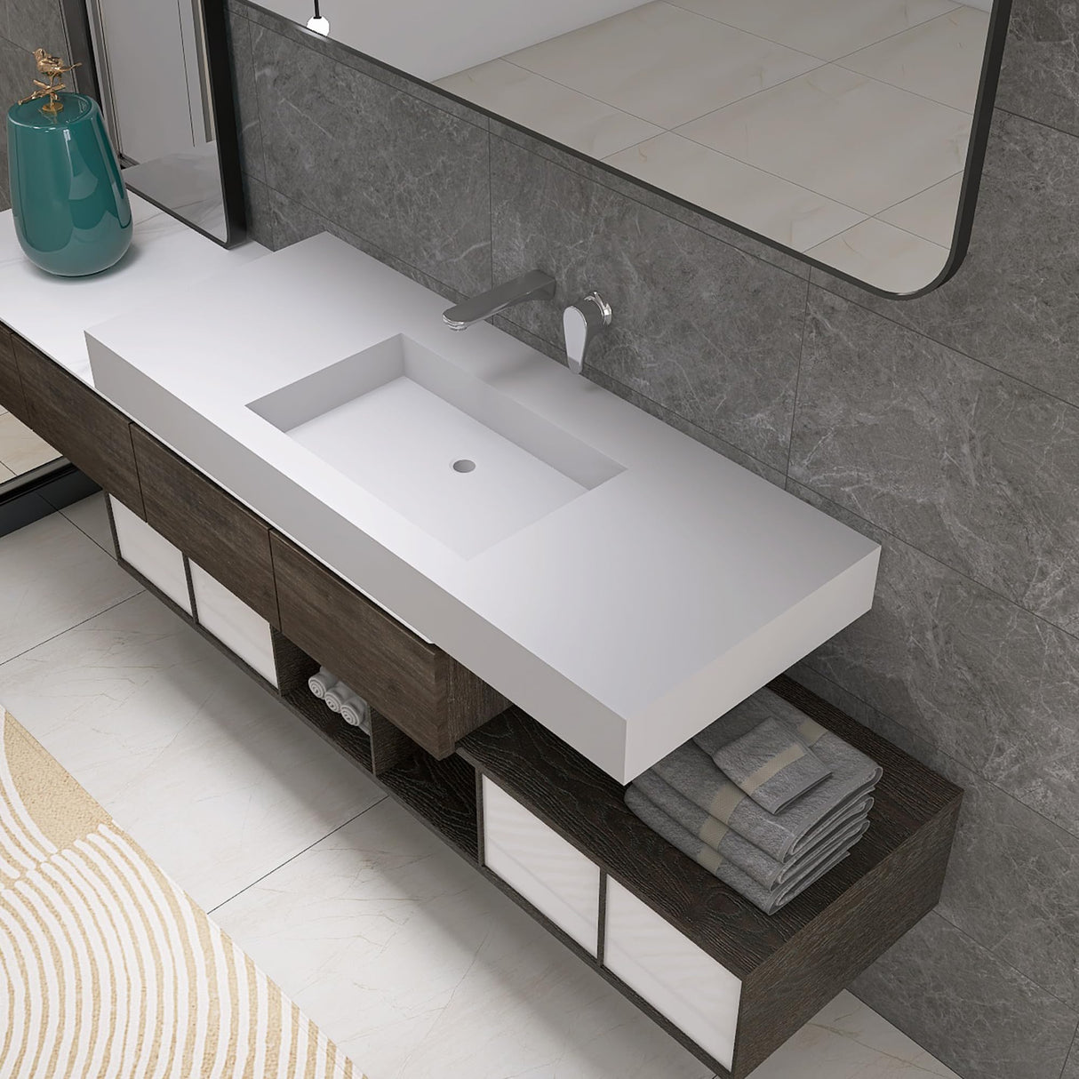 MEDUNJESS 47"X19" Stone Resin Wall Mounted Floating Sink, Bathroom Vanity with Sink,Solid Surface Bathroom Pedestal Sink Basin with No Faucet Hole and Pop-up Drain, Matte White MEDUNJESS