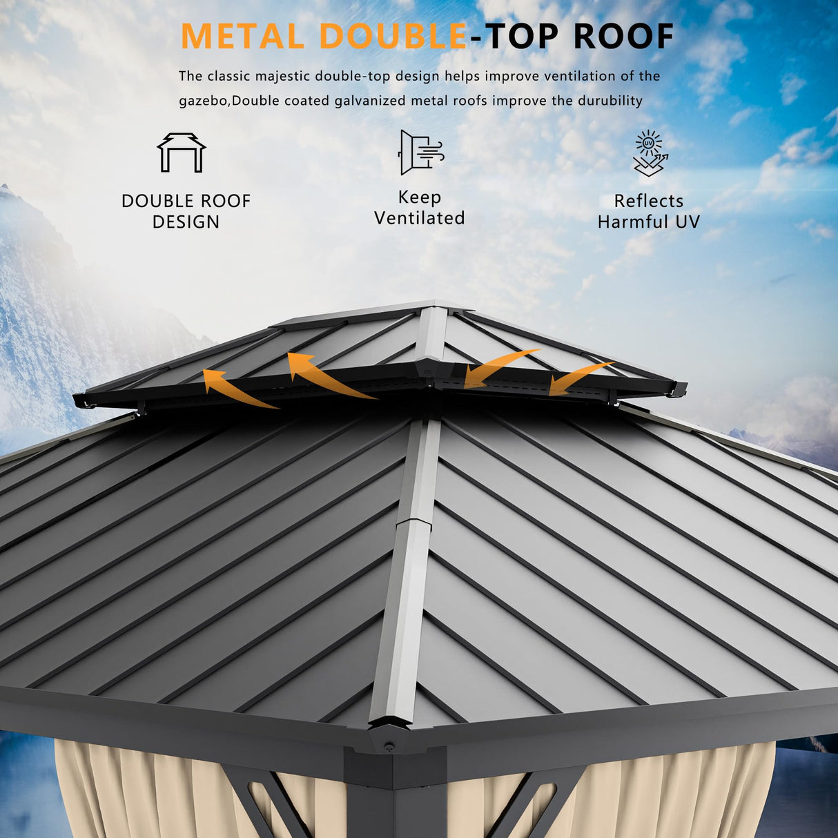 RTDTD 12’x14’ Hardtop Gazebo Outdoor Aluminum Frame Permanent Gazebo Galvanized Steel Double Roof Pergola with Nettings and Curtains for Patio, Lawns,Backyard, Deck(Brown) RTDTD