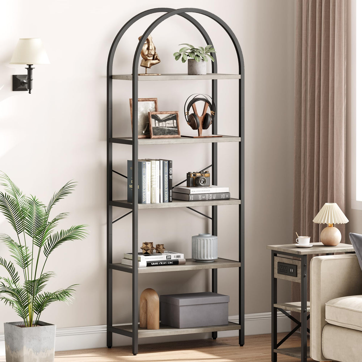 IDEALHOUSE Bookshelf 5 Tier Bookcase Arched Display Racks Tall Standing Bookshelves Metal Frame Modern Storage Rack Shelf Large Wood Book Shelf for Bedroom, Living Room, Home Office IDEALHOUSE