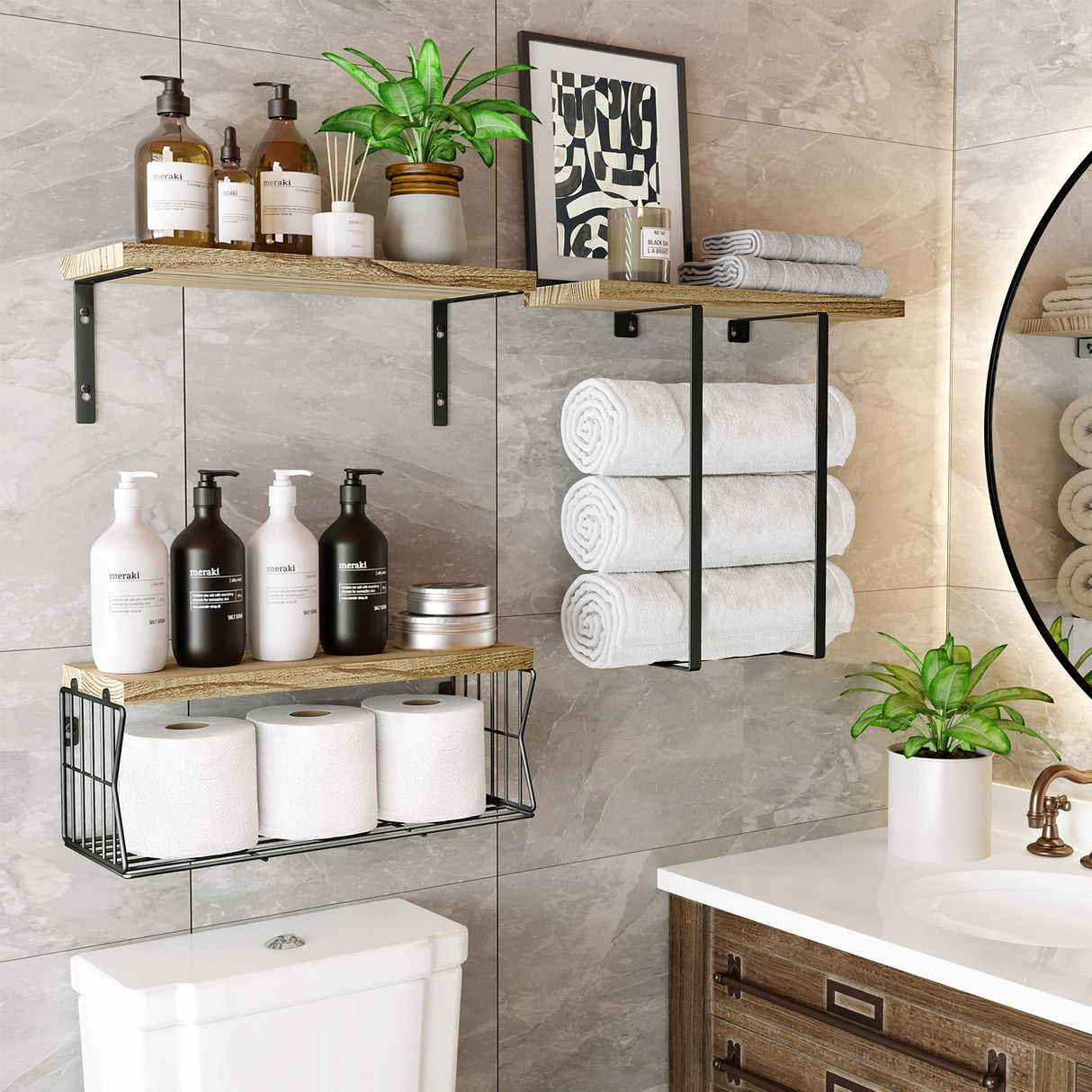 HAMITOR Floating Shelves Wall Mounted Over Toilet: Bathroom Shelf with Towel Rack Paper Holder Storage - Rustic Wood Farmhouse Shelves for Wall Decor/Bathroom HAMITOR