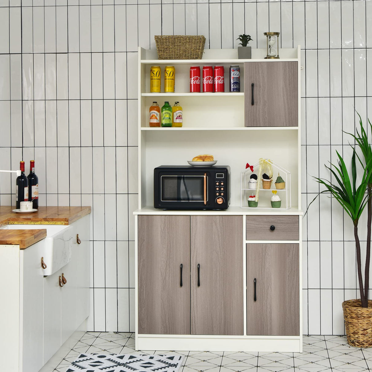 LOKO Kitchen Pantry Storage Cabinet, Kitchen Buffet with Hutch with Adjustable Shelves and Cable Management Hole, Tall Kitchen Hutch with Anti-tip Devices, 39.5 x 15.5 x 71 inches (White) LOKO