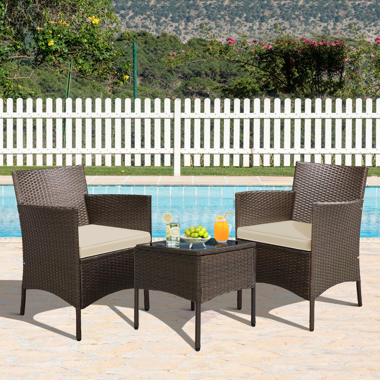 Yaheetech 3 Pieces Patio Porch Furniture Set, Outdoor PE Rattan Wicker Conversation Set with Soft Cushions, Glass Coffee Table & 2 Chairs for Garden/Deck/Courtyard/Poolside, Brown/Khaki Yaheetech
