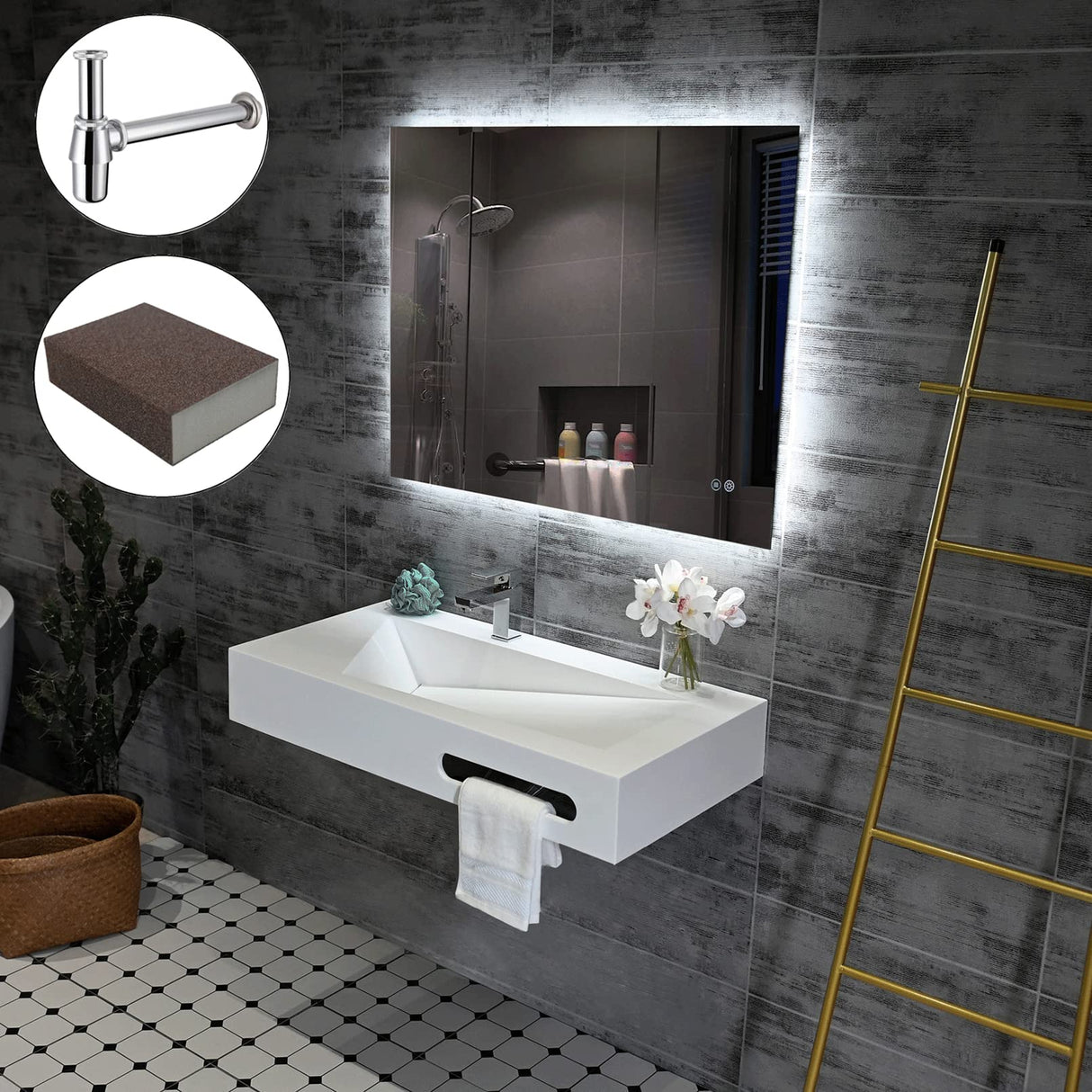 GESIPOR 36"x19" Wall Mount Bathroom Vanity with Sink Stone Resin Floating Vanity Sink Rectangular Vessel Sinks for Bathroom White Trough (Mirror Not Included) GESIPOR