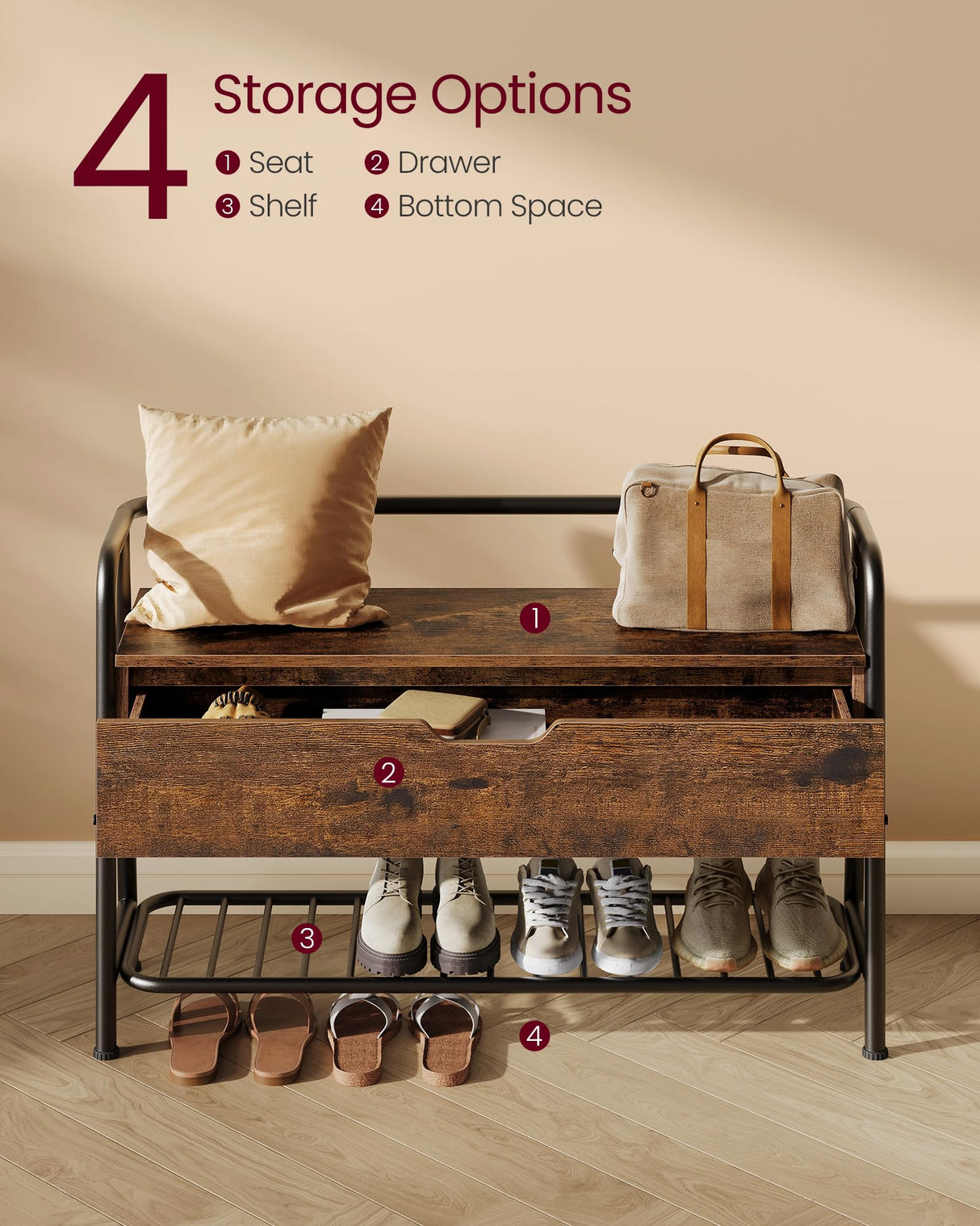 VASAGLE Shoe Storage Bench with Seating, Shoe Bench with Organizer Drawer, Industrial Style, Steel Frame, Holds Up to 600LB, for Entryway, Living Room, Bedroom, Rustic Brown and Ink Black, ULSB151K01 VASAGLE