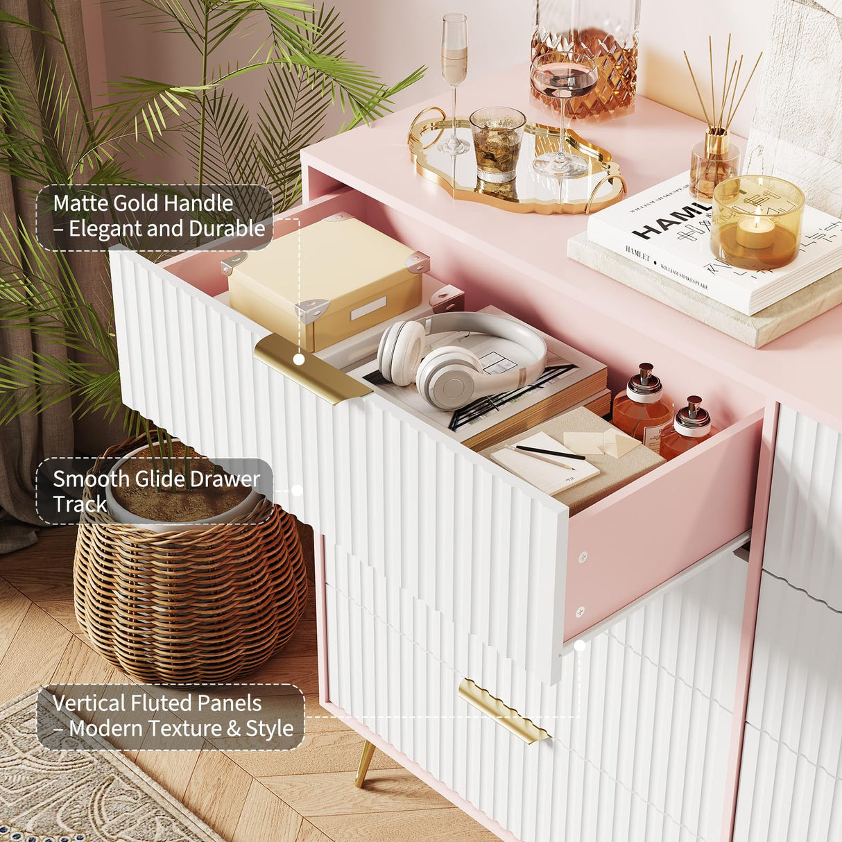 GarveeHome Fluted Dresser for Bedroom with 8 Drawers,55" Wide Modern Chest of Wooden Bedroom Chest with Metal Handle,Clothes Storage Organizer,Dresser & TV Stand for Living Room,PIink GarveeHome