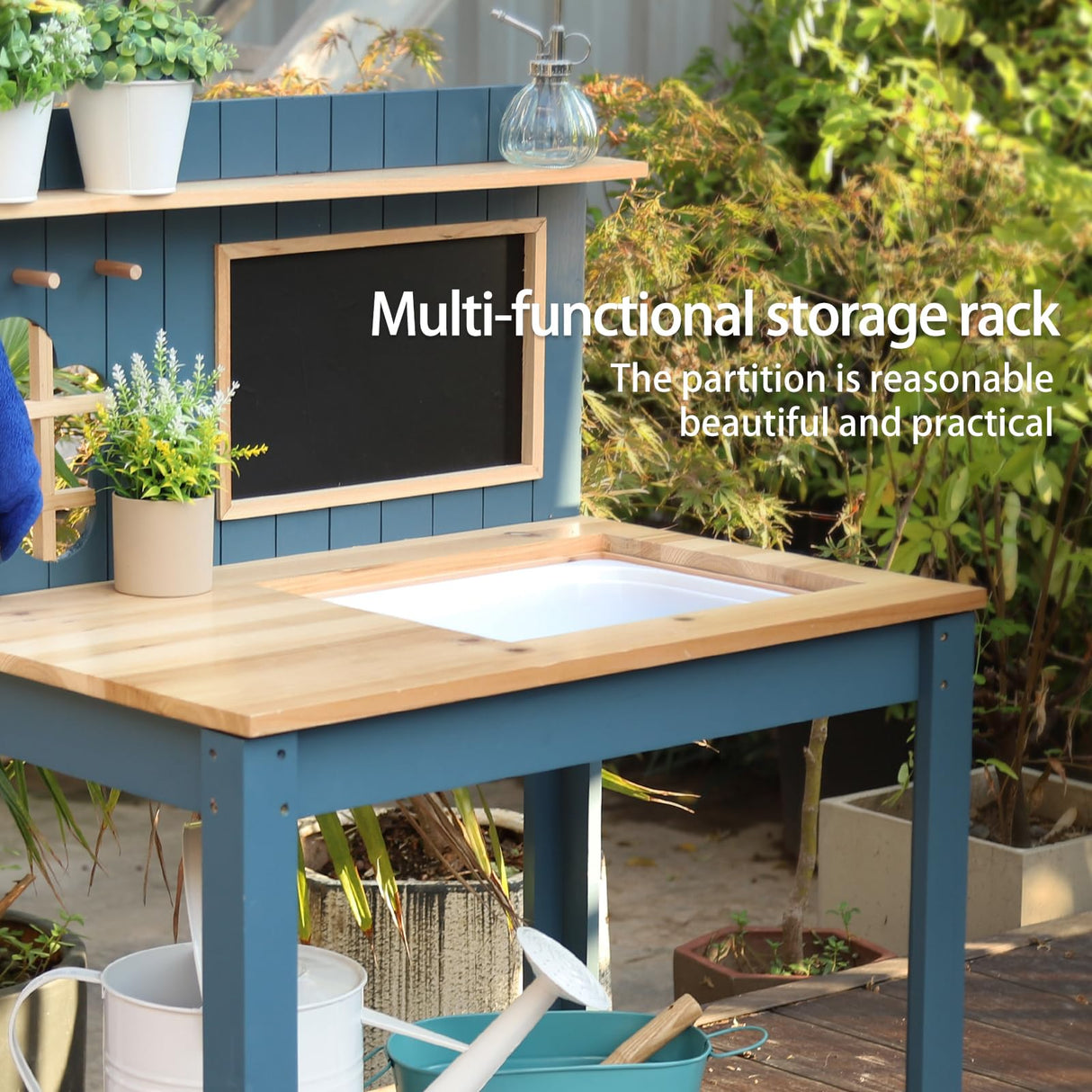 GROWRKS Potting Bench Outdoor Potting Table—All-Weather Kids Solid Wood Garden Work Station with Sink、Drawing Board、Shelves, Weather Proof(Blue, Large) GROWRKS
