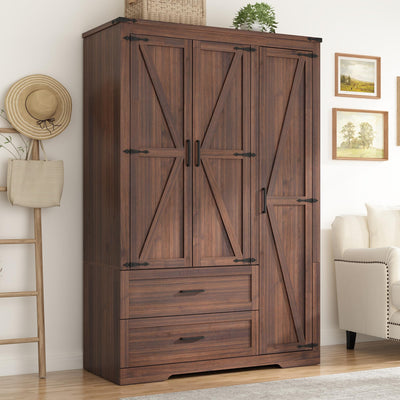 Farmhouse Wardrobe Armoire Closet with 3 Doors and 2 Drawers, 70.1" Wooden Clothing Storage Cabinet, Freestanding Large Capacity Storage Wardrobe Armoire with Hanging Rod for Bedroom, Brown