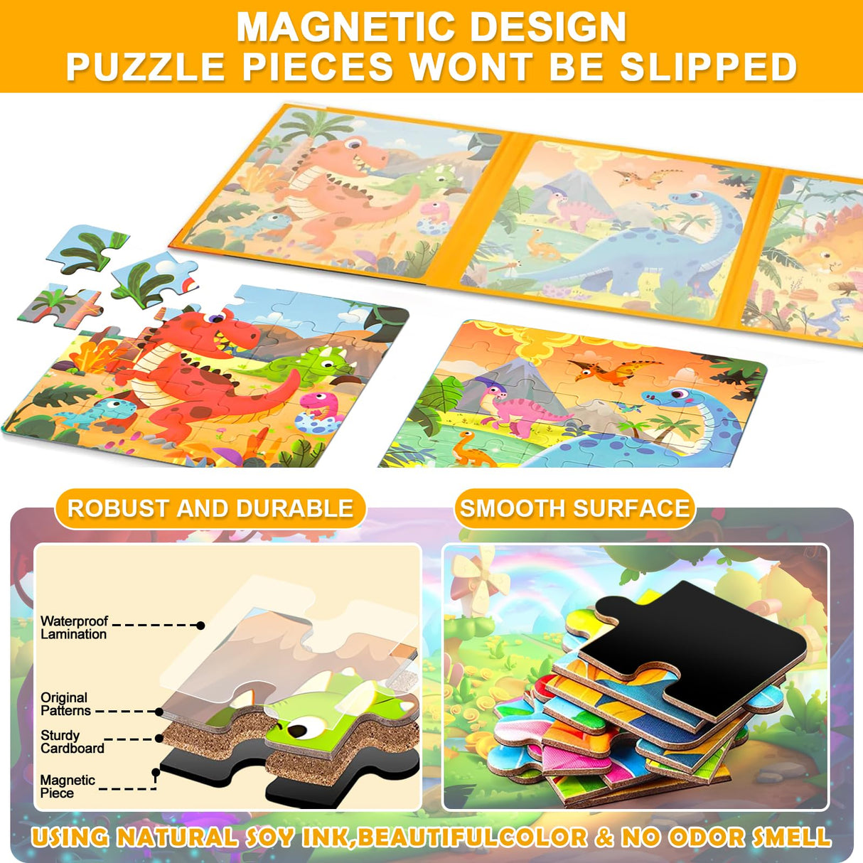 Magnetic Puzzles for Kids Ages 3-5, 3 in 1 Dinosaurs Magnetic Jigsaw Puzzle Book, Travel Puzzles Toys for Toddlers 3-8 Year (Dinosaur World) EREBADI