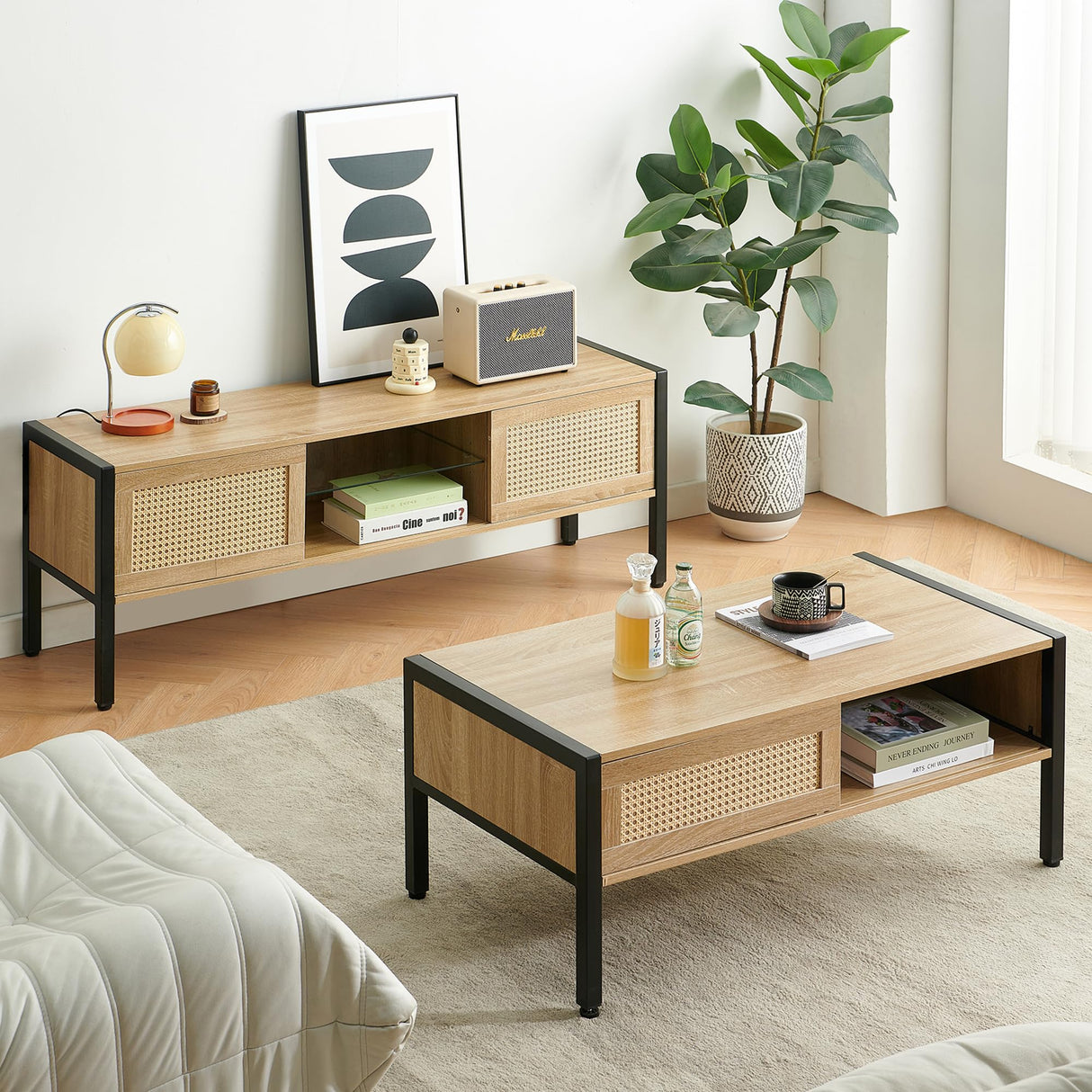 YOUGUO Boho Coffee Table for Living Room, 40.16" Rattan Coffee Table with Sliding Doors & Metal Legs, Mid-Century Center Table for Small Space, Natural