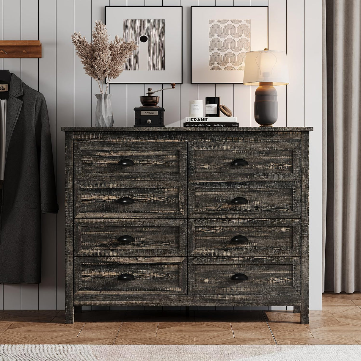 Rustic 8 Drawer Dresser for Bedroom, Modern Farmhouse Wood Dresser with Vintage Black Antique Handle, Double Dresser and Chest of Drawers for Hallway 8 Drawer Dresser, Rustic Brown Oak HOUROM