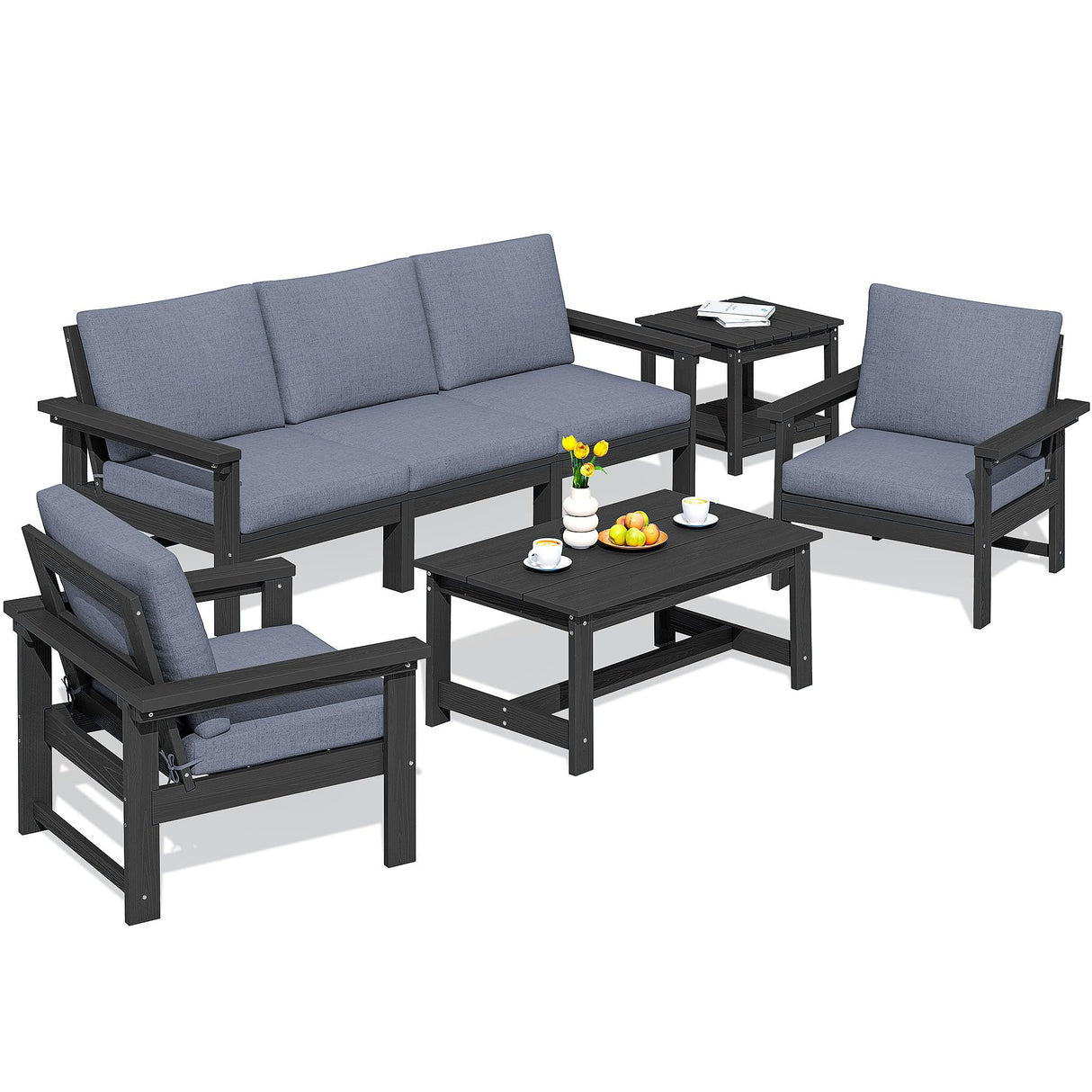 SERWALL HDPE Patio Furniture Set, 7-Piece Outdoor Sectional Sofa Set, All Weather Outdoor Couch Set for Deck, Lawn, Black Frame with Grey Cushion SERWALL