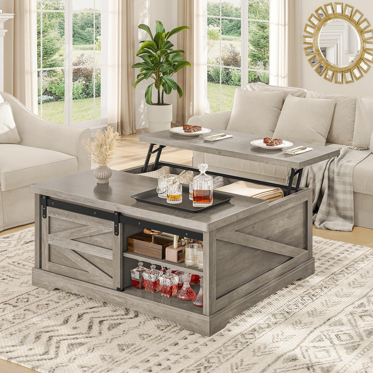 Itaar 39.4'' Lift Top Coffee Table with Storage, Farmhouse Coffee Tables for Living Room, Square Coffee Table with Large Hodden Compartment & 2 Drawrs & Adjustables Shelves (Gray) Itaar