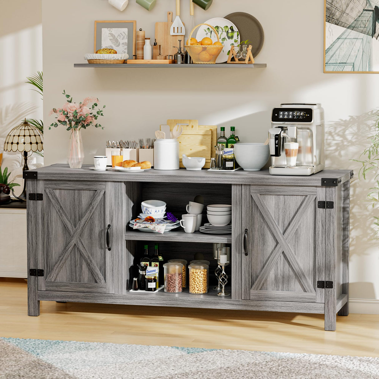 YESHOMY Farmhouse Buffet & Sideboard, 58" Kitchen Storage Cabinet with Adjustable Shelves & Doors, Wood Coffee Bar for Living Room, Entryway, Gray Washed YESHOMY