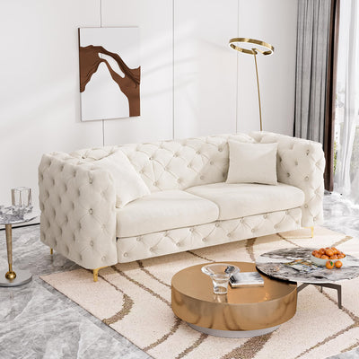 DAMAIFROM 75" Sofa Couch Mid Century Modern Velvet Couch Tufted Button Sofa High Armrest & Metal Gold Legs Luxury Chesterfield Decor with 2 Piilows Comfy Loveseat for Living Room, Beige White