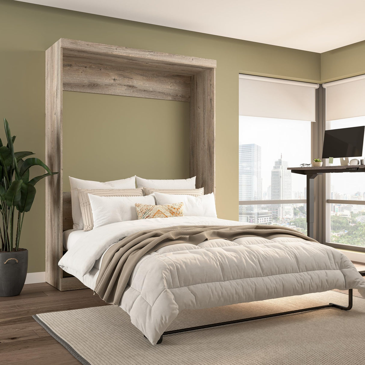 Bestar Pur Queen Size Murphy Bed in Rustic Brown, 65-inch Space-Saving Sleeping Arrangement for Multipurpose Area, Bedroom, Guest Room, or Living Room Bestar