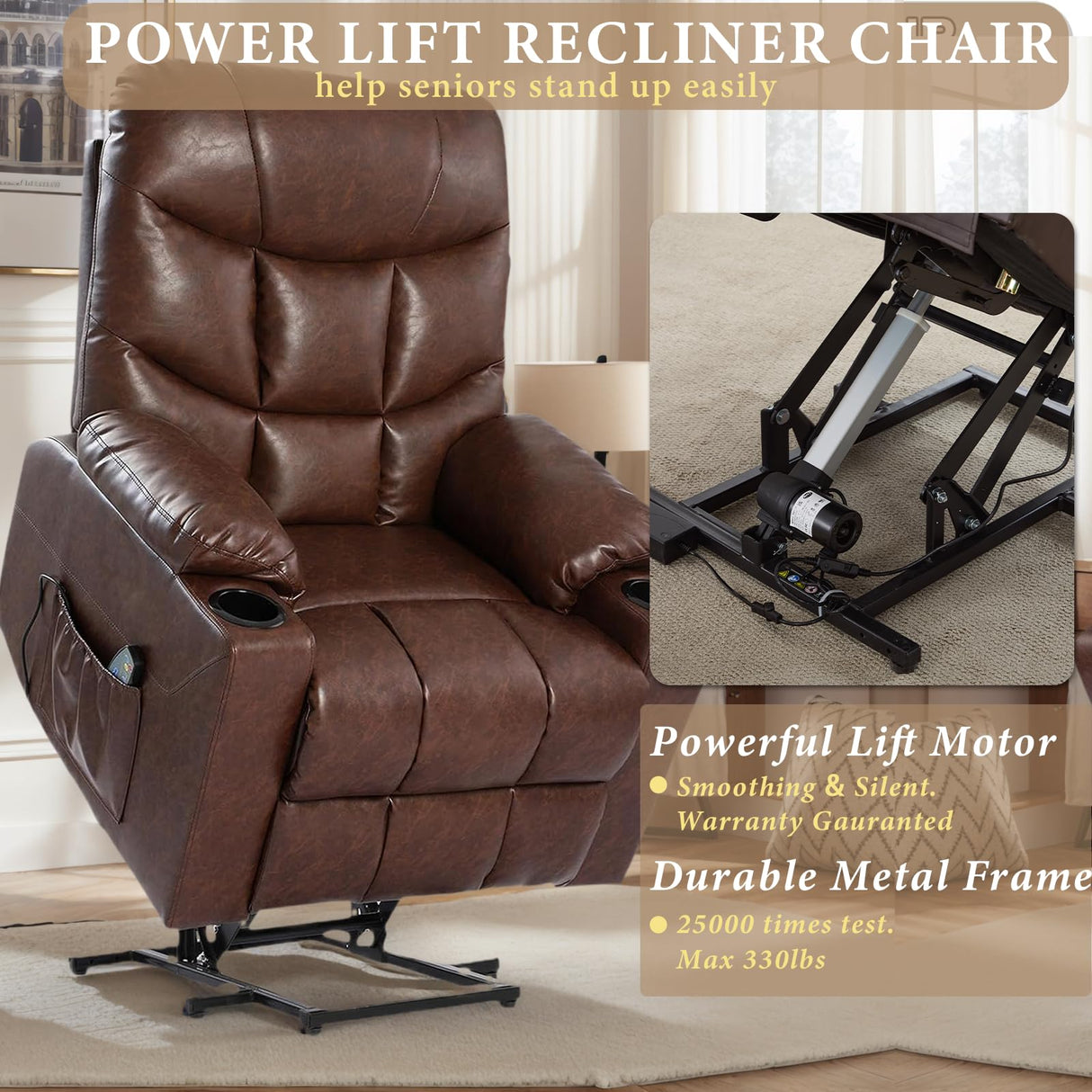 OQQOEE Power Lift Recliner Chair, Electric Recliners Chair for Elderly, PU Leather Massage Chair with Heat, Ergonomic Single Lounge Sofa Home w/Cup Holder, Theater Seating with 2 Pockets/USB OQQOEE