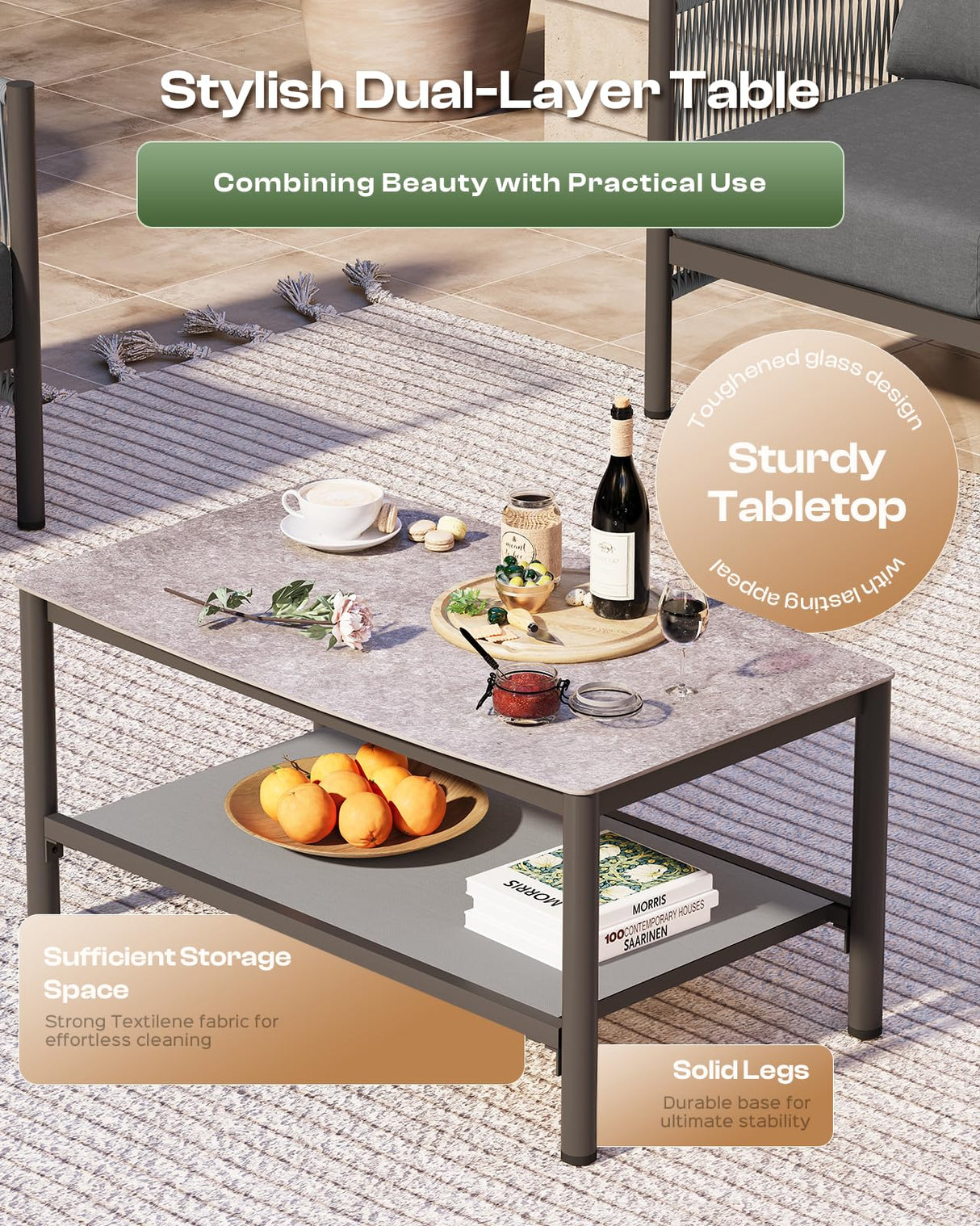 Oasbira Aluminum Outdoor Patio Furniture Set, HDPE Rope 4 Piece Modern Sectional Conversation Sets with Dual-Layer Coffee Table, All Weather Patio Couch Set with Thick Cushions, Gray Frame, Charcoal Oasbira