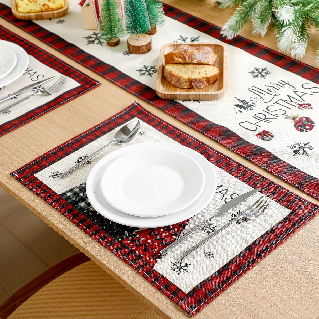 Patelai 7 Pcs Christmas Table Runner and Placemats Set Merry Christmas Buffalo Plaid Table Runner Xmas Placemats Red Black for Holiday Kitchen Dining Room Decor Party Wedding Decoration Patelai