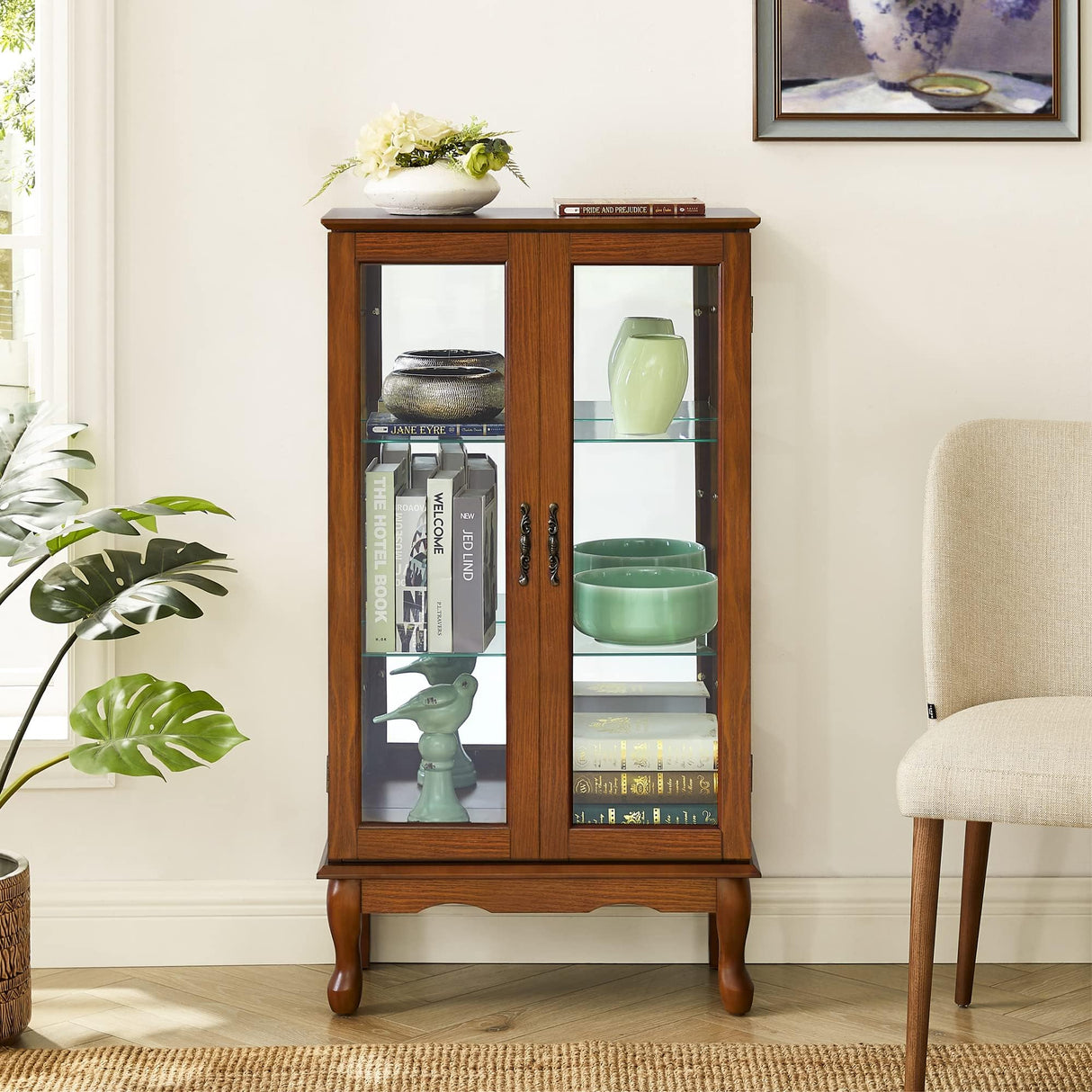 ZENITHLIVING Classic Oak Wood Curio Display Cabinet, Glass Doors, 3 Adjustable Shelves, Mirrored Back Panel, Interior Light, 43.5" H x 26" W x 11.75" D ZENITHLIVING
