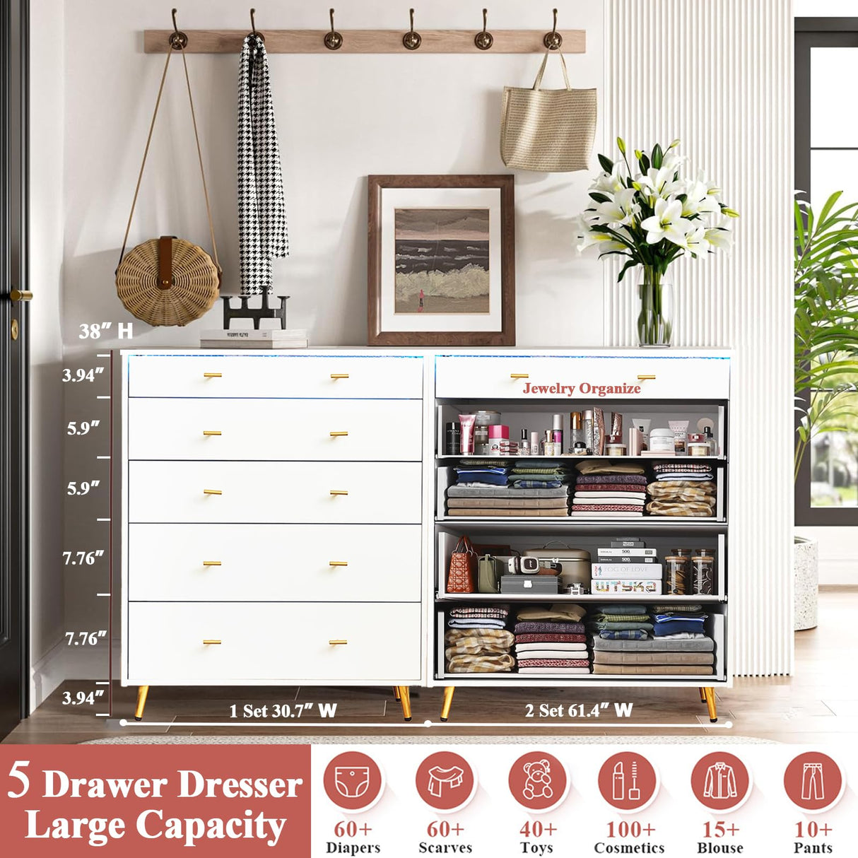 JanflyHome Wardrobe Closet Island with Drawers, Glass Tabletop & LED Lights, Jewelry Dresser Display, Wooden Closet Storage Cabinet for Bedroom Cloakroom Shops, 30.7" W x 15.7" D x 38" H, White JanflyHome