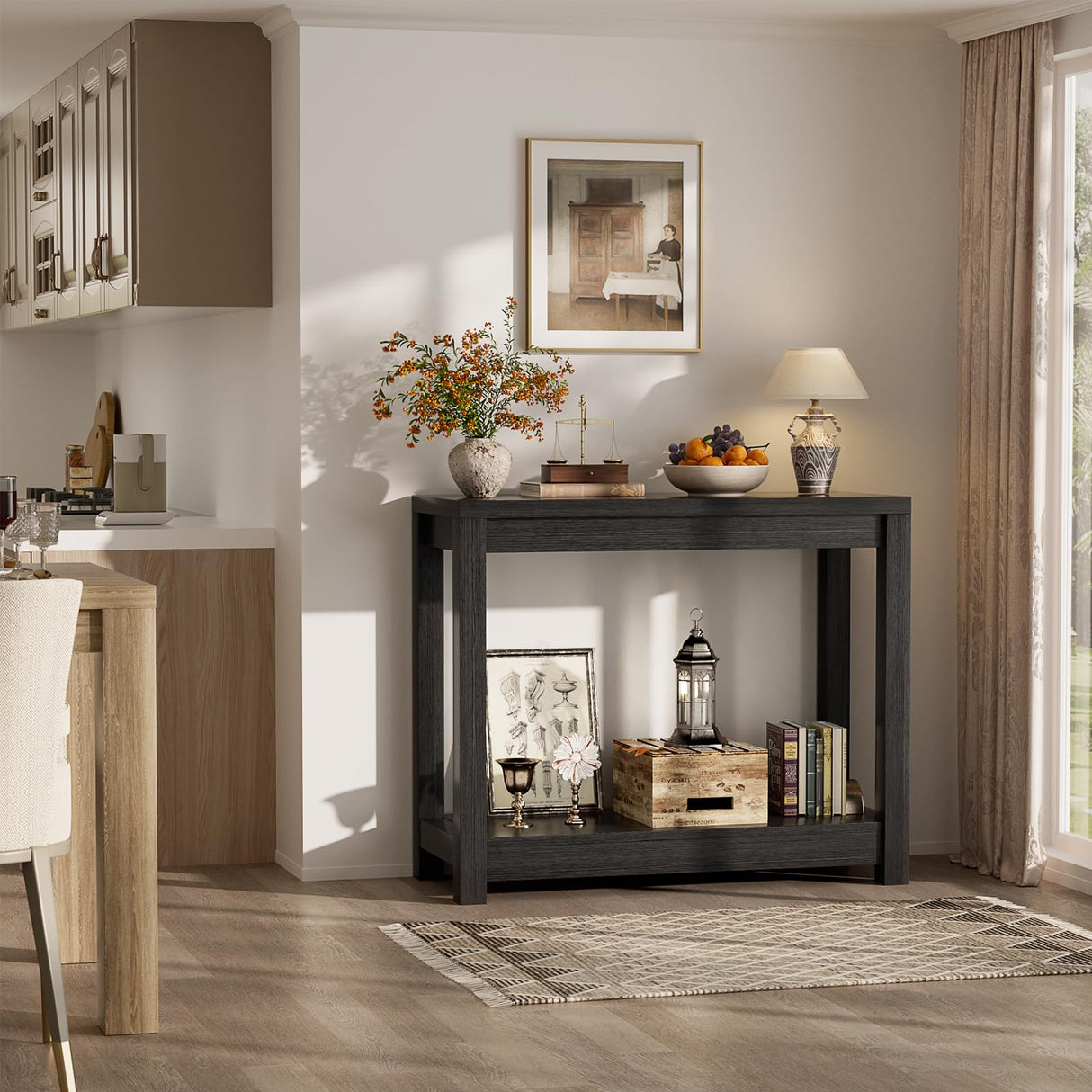 Besiost Small Farmhouse Wood Entryway Table Narrow Console Table with Storage Behind Couch Sofa Table with Shelves Entry Way Table with Open Storage, Easy Assembly, 32" Embossed Wood Grain Black Besiost