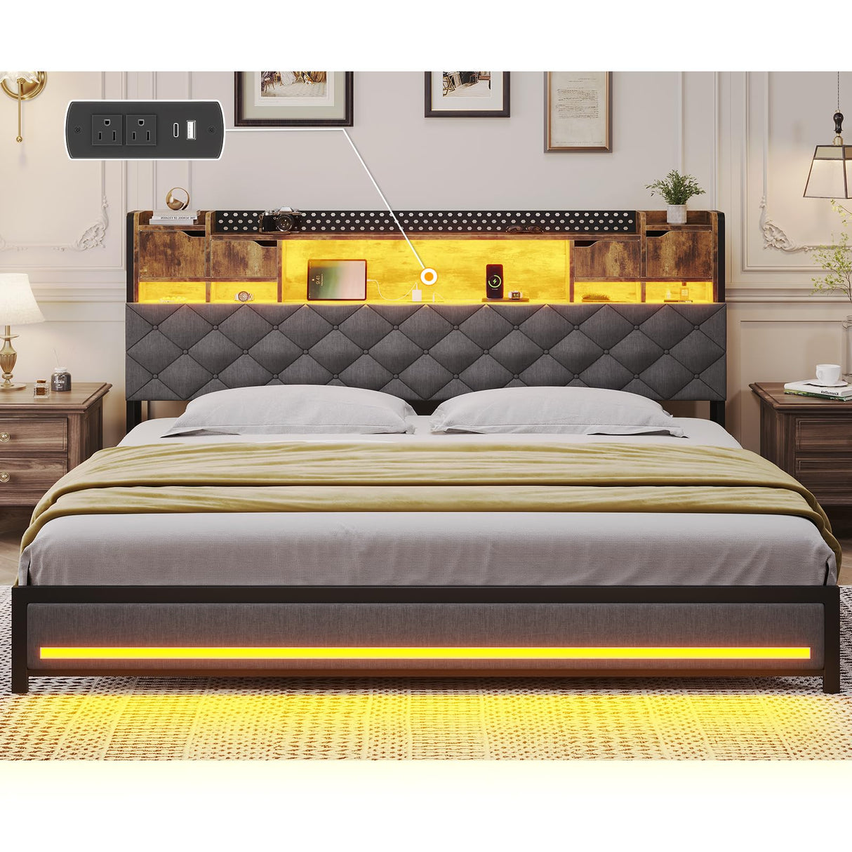 busyaeh King Size Bed Frame with Upholstered Storage Headboard, King Bed Frame with Smart LED Lights, Camas King Bed with Charging Station,Noise-Free, Metal Support, No Box Spring Needed, Gray busyaeh