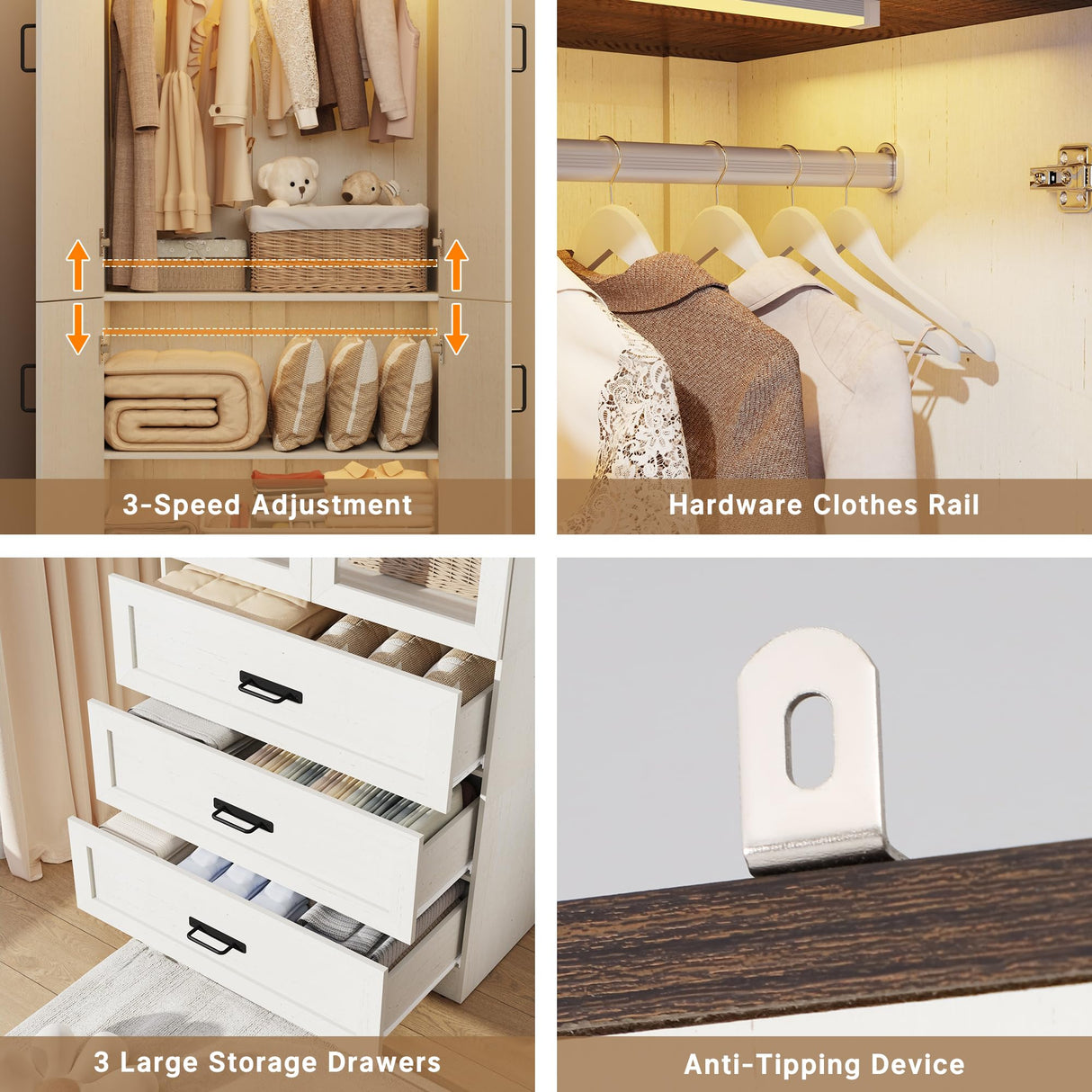 75" Tall Farmhouse 4 Doors Armoire Wardrobe Closet with 3 Drawers and LED,Freestanding Closet Wardrobe Cabinet for Bedroom with Hanging Rod,Wooden Armoire Storage Cabinet Adjustable(Rustic Off White) Hlivelood