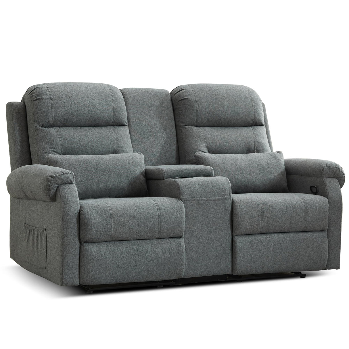 DRMBOOK RV Loveseat Recliner Sofa, Linen Double Wall Hugger Reclining Sofa with Console, Home Movie Theater Seating Chair with Cup Holders, Oversized 2 Person Couch Furniture for Living Room, Grey DRMBOOK