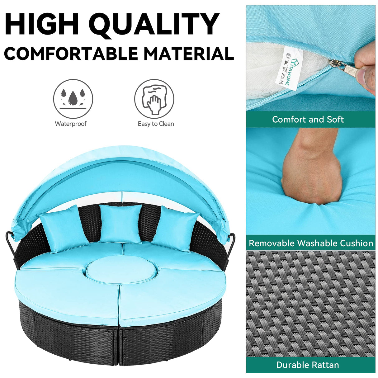 YITAHOME Outdoor Furniture Patio Round Daybed with Retractable Canopy, Soft Cushions, and Storable Side Table for Leisure in Porch Backyard, Turquoise YITAHOME