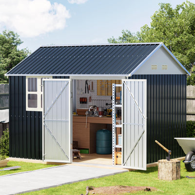 Breezz 8X10FT Outdoor Steel Storage Shed with Clear Window, Lockable Doors, Weather-Resistant Metal Tool Shed for Garden, Backyard, Patio, and Utility Storage.Nightblue
