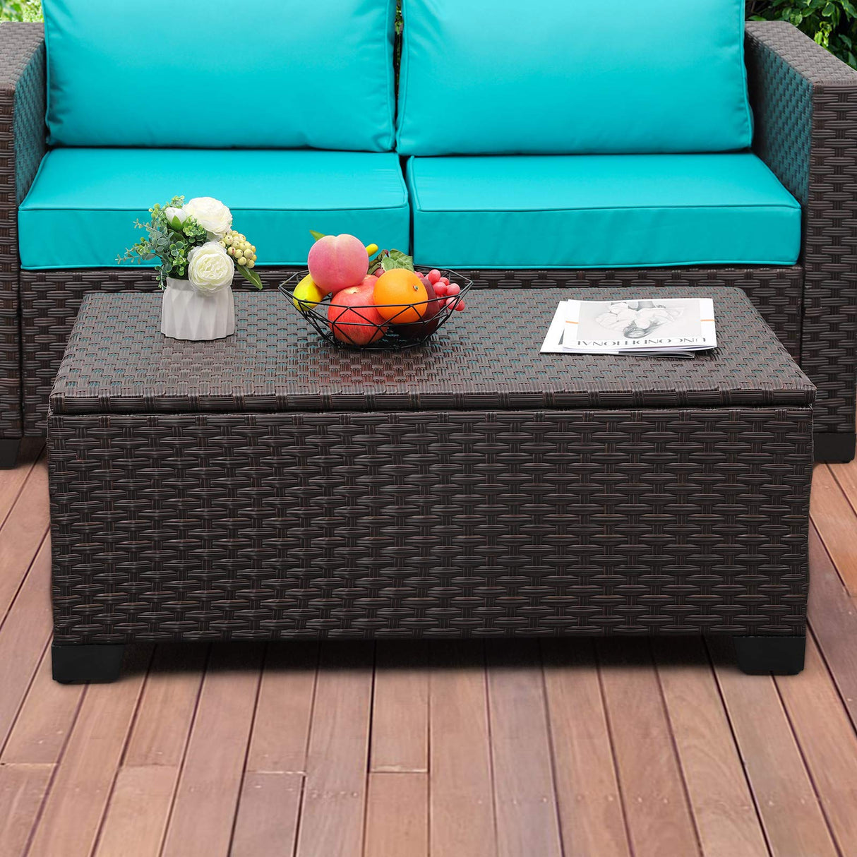 Rattaner Outdoor Storage Table Wicker Patio Coffee Table All-Weather Wicker Side Table with Waterproof Cover, Brown Rattaner