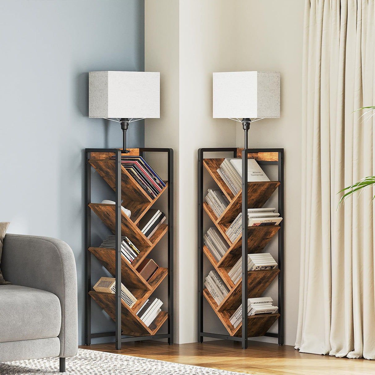 YATINEY Tree Bookshelf with Light, 6 Tier Book Shelf, Wooden Bookcase for Narrow Space, Floor Standing Tall Bookshelf, Industrial Corner Display Shelf, Rustic Brown SJ08DBR YATINEY