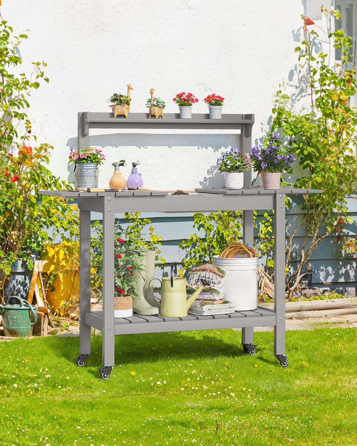 HDPS Outdoor Potting Bench with Sliding Tabletop/ 4 Wheels/Removable Sink, All-Weather Outside Garden Work Table, No Rust/Fade/Break, Potting Station for Porch, Patio & Backyard (Grey) ONBRILL
