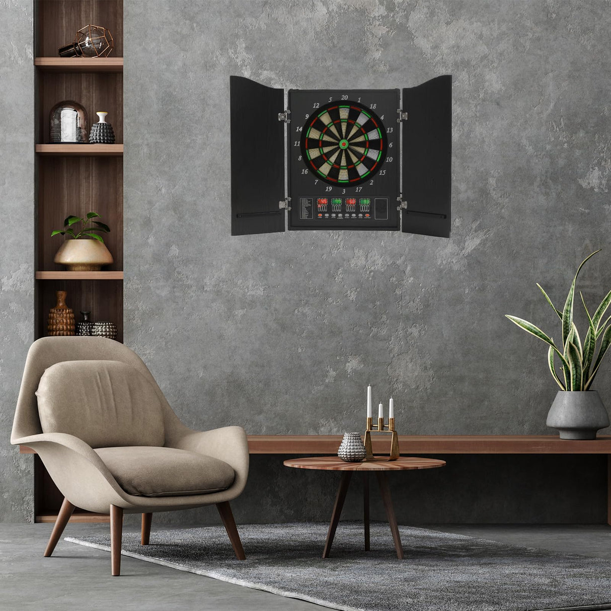 PATIKIL Electronic Dart Board Cabinet Set, LED Digital Electric Dartboard with Wooden Cabinet Door, Soft Tip Darts Board with 12 Darts, 88 Tips, 27 Games, 243 Variations, Up to 16 Players PATIKIL