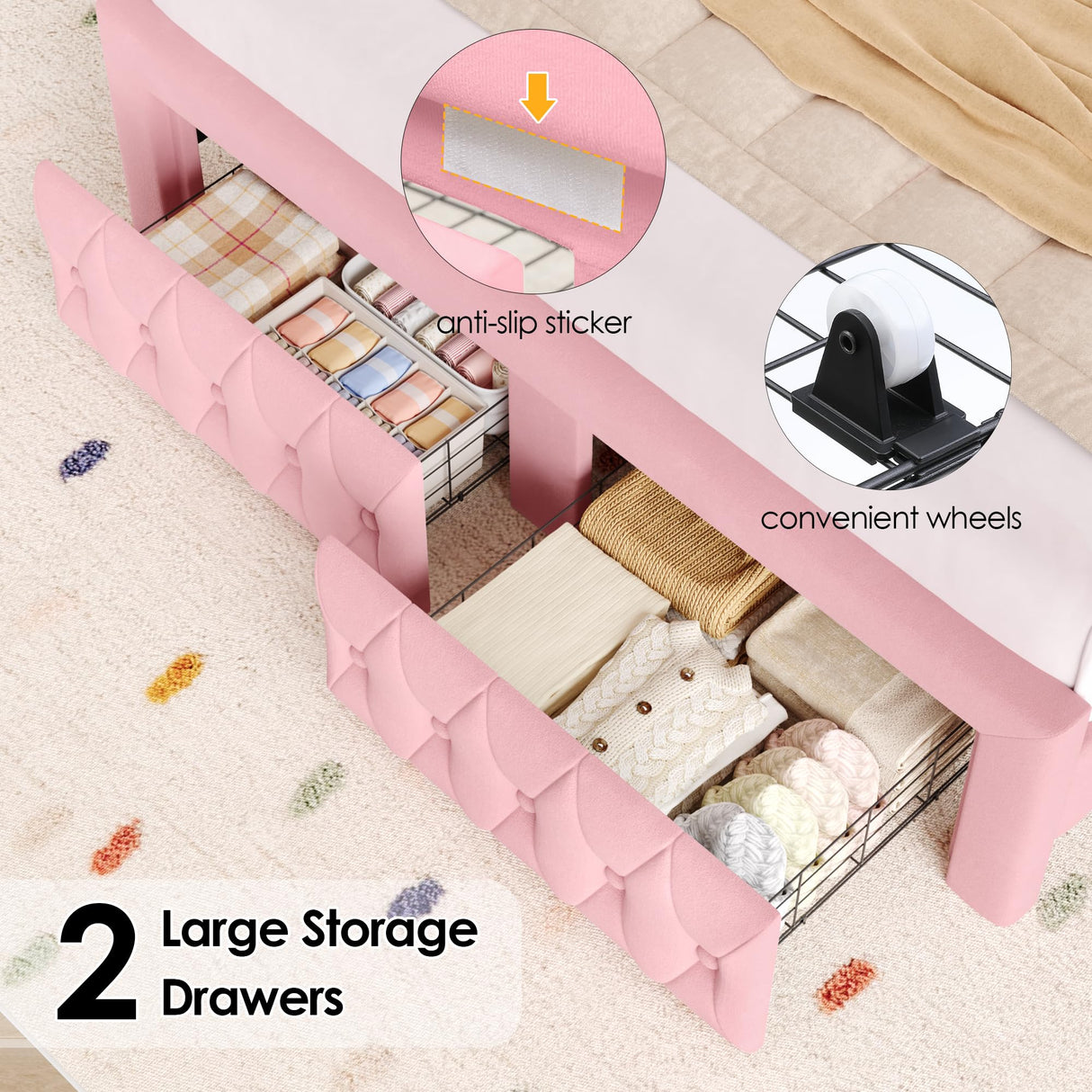 Keyluv Queen Bed Frame Arc-Shaped LED Lights and 47.2" Height Wingback Bed, Button Tufted Headboard and Footboard with Storage Drawer, Velvet Upholstered Platform Bed Frame No Box Spring Needed, Pink Keyluv