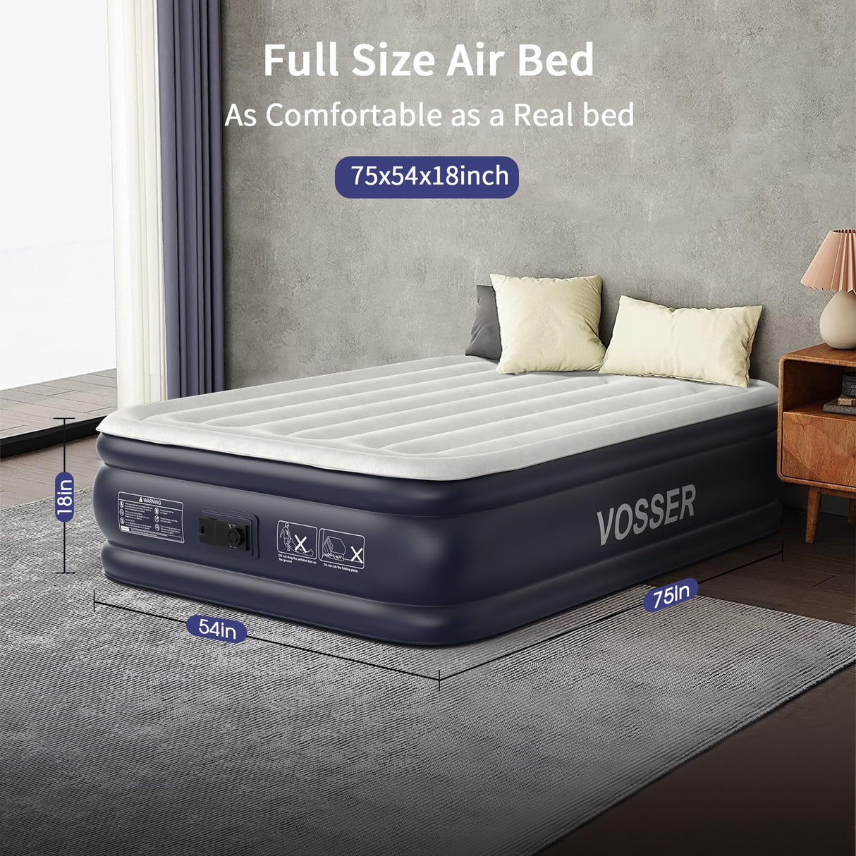 VOSSER Air Mattress Full with Built in Pump,18''Inflatable Mattress of Upgraded Vertical Beams,Self Inflatable/Deflation Blow Up Mattress in 3 Mins,Flocked Top Airbed with Carry Bag for Home, Camping VOSSER