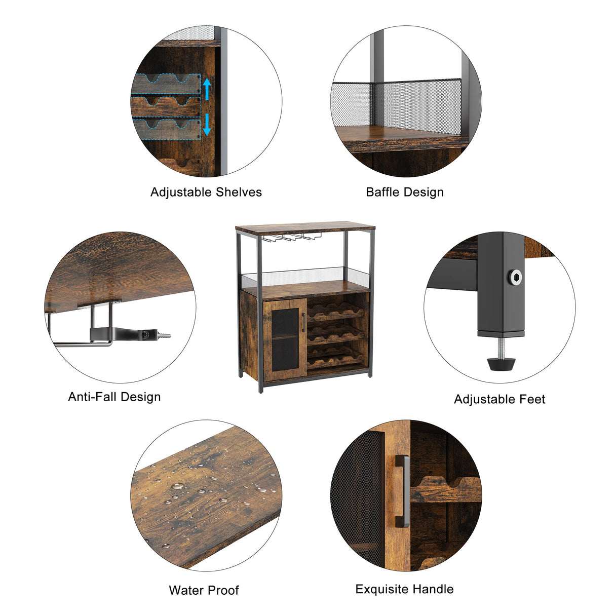 GAOMON Wine Bar Cabinet with Removable Wine Racks and 1 Drawer,Bar Cabinet with Glass Holder and Mesh Door for Liquor and Glasses (Rustic Brown) GAOMON