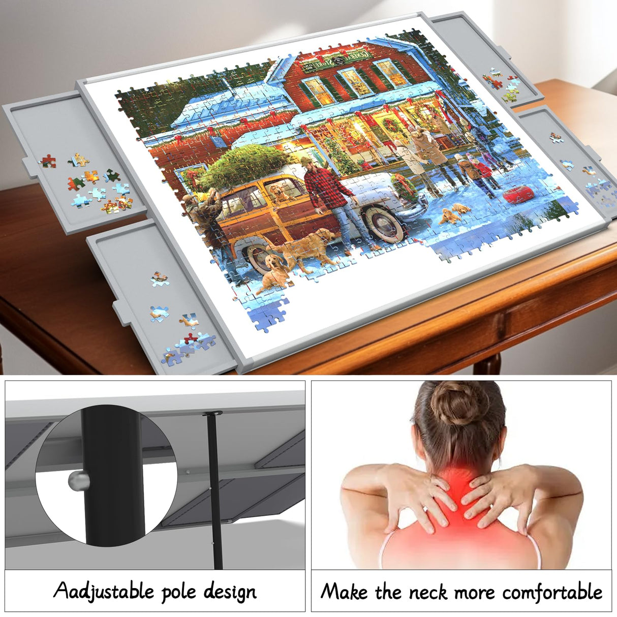 Puzzle Board 1500 Pieces,Jigsaw Puzzle Board with Adjustable Tilting Pole,Jigsaw Puzzle Board with Drawers,Grey Tilting Puzzle Board with Cover,Puzzle Storage,Puzzle Tray Doerpuz