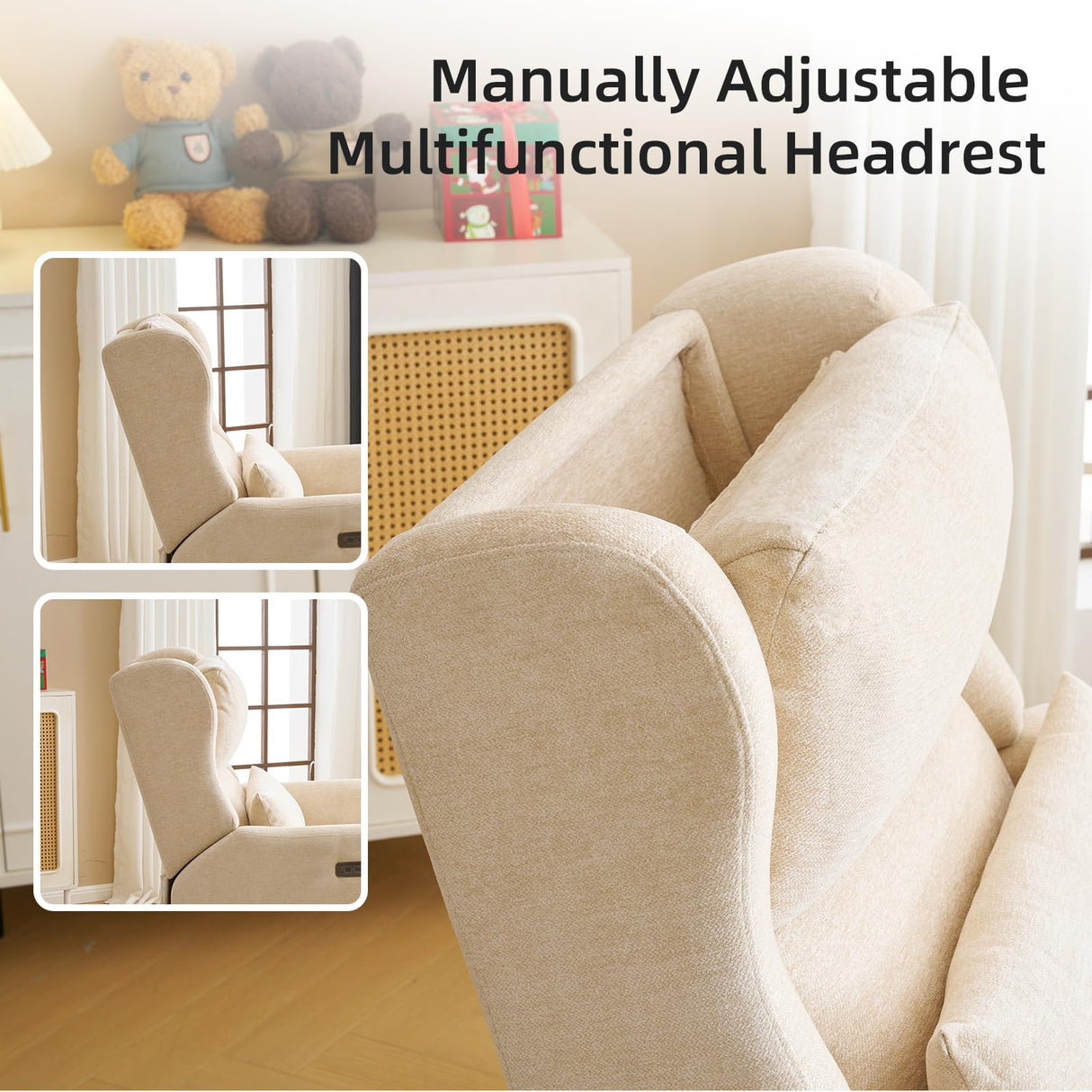 Rhevoy Oversized Swivel Rocker Recliner Chair, 26" Extra Wide Glider Nursery Chair with Adjustable Headrest, Chenille Power Recliner Rocking with Double Cushion, Cup Holder, Beige Rhevoy