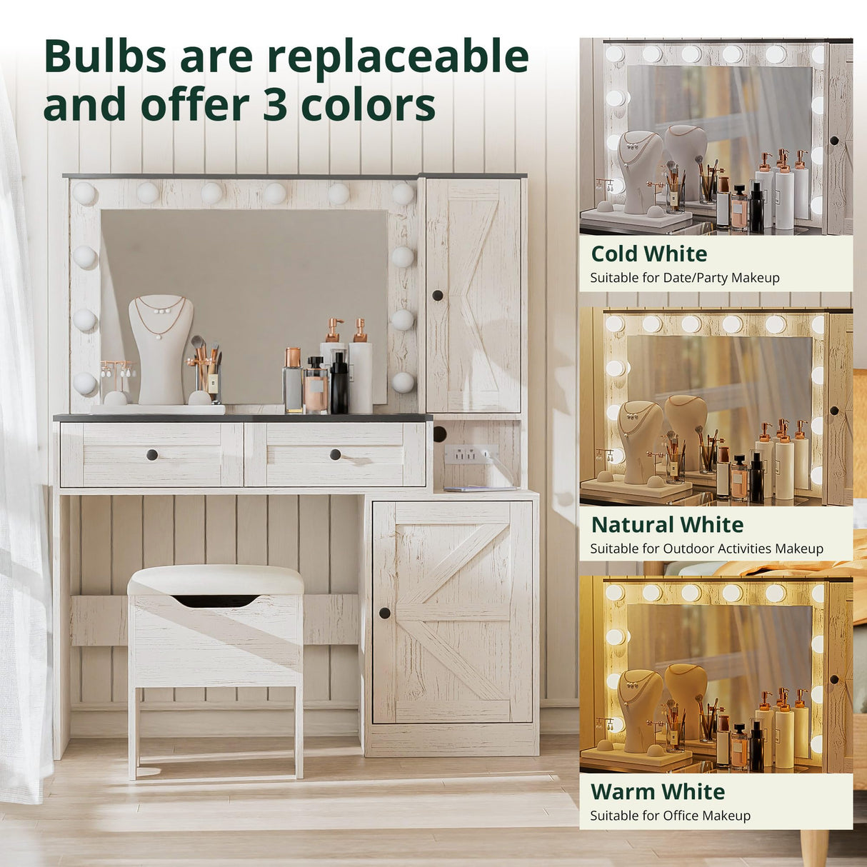 SunsGrove Farmhouse 43.3" Vanity Desk with Hollywood Makeup Mirror and Lights, White Vanity with 2 Drawers & 2 Cabinets, Large Modern Vanity Desk with Vanity Storage Chair for Bedroom (Antique White) SunsGrove