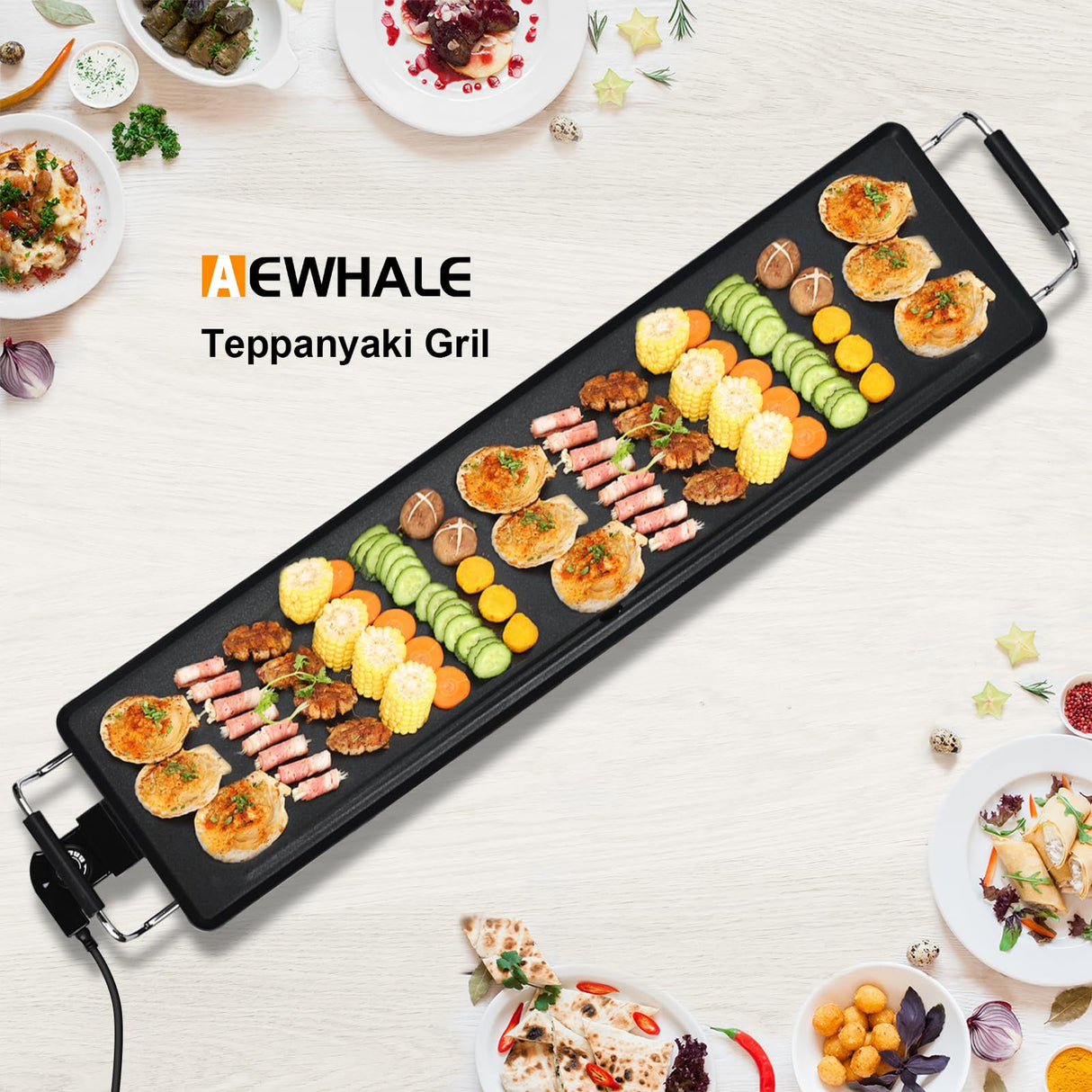 AEWHALE Electric Nonstick Extra Larger Griddle Grill-35" Teppanyaki Grill BBQ with Adjustable Temperature &Insulated Handles for Indoor/Outdoor AEWHALE