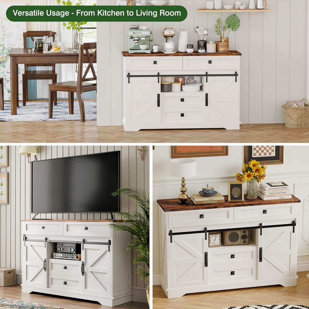 PLYFOU 55" Farmhouse Buffet Cabinet, Kitchen Sideboard with Sliding Barn Doors and 4 Drawers, Rustic Wood Storage Cabinet with Adjustable Shelves, 35'' Tall Coffee Bar Table for Dining Room, White PLYFOU